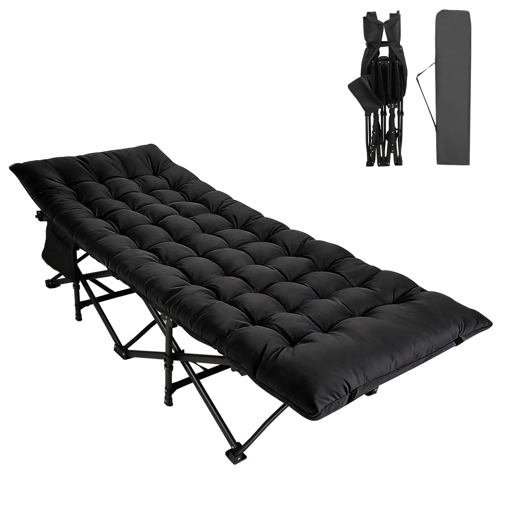 Camping Cot with Thick Mattress and Side Pocket, Black J78801