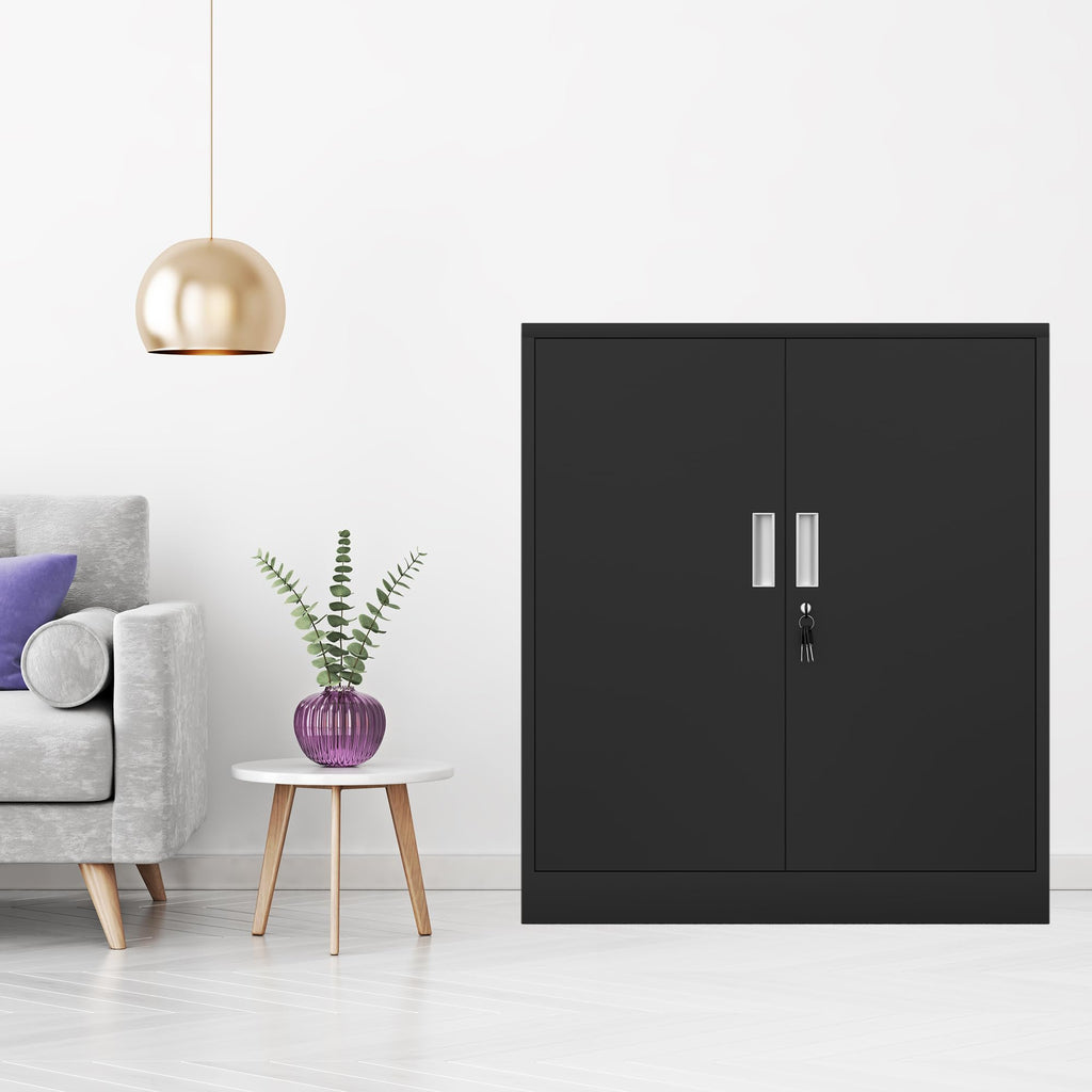 Metal Storage Cabinet with Locking Doors and 2 Adjustable Shelves, Black X496