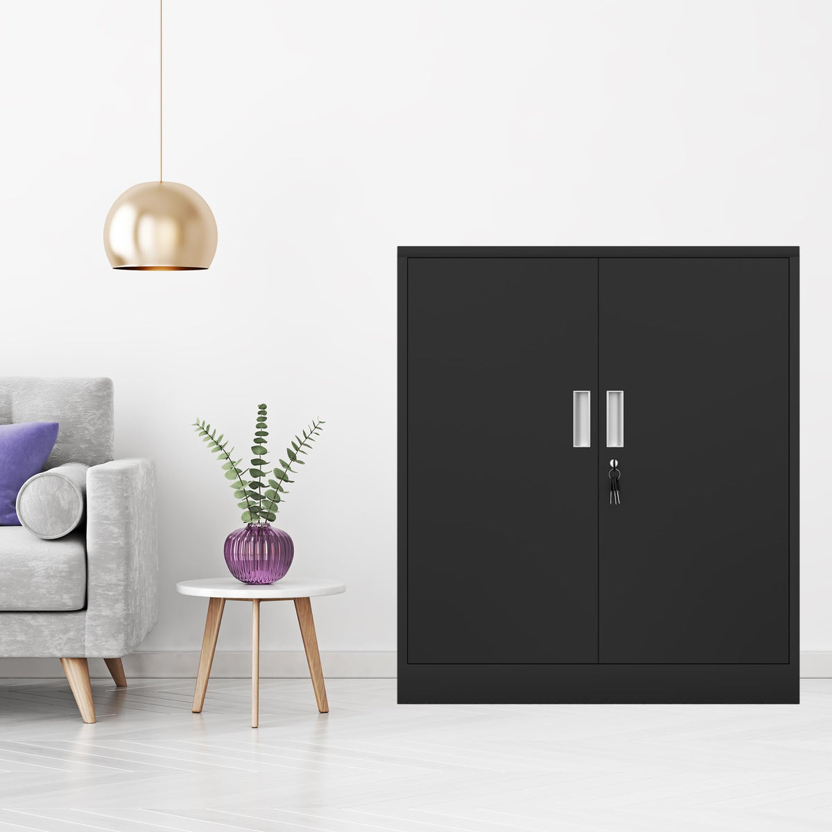 Metal Storage Cabinet with Locking Doors and 2 Adjustable Shelves, Black X496