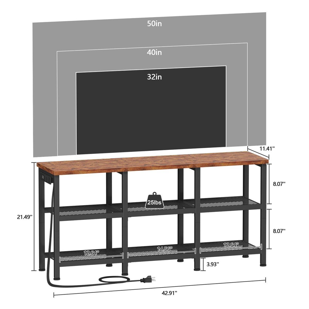 Rustic Brown TV Stand with Power Outlets and Open Storage Shelves T6546