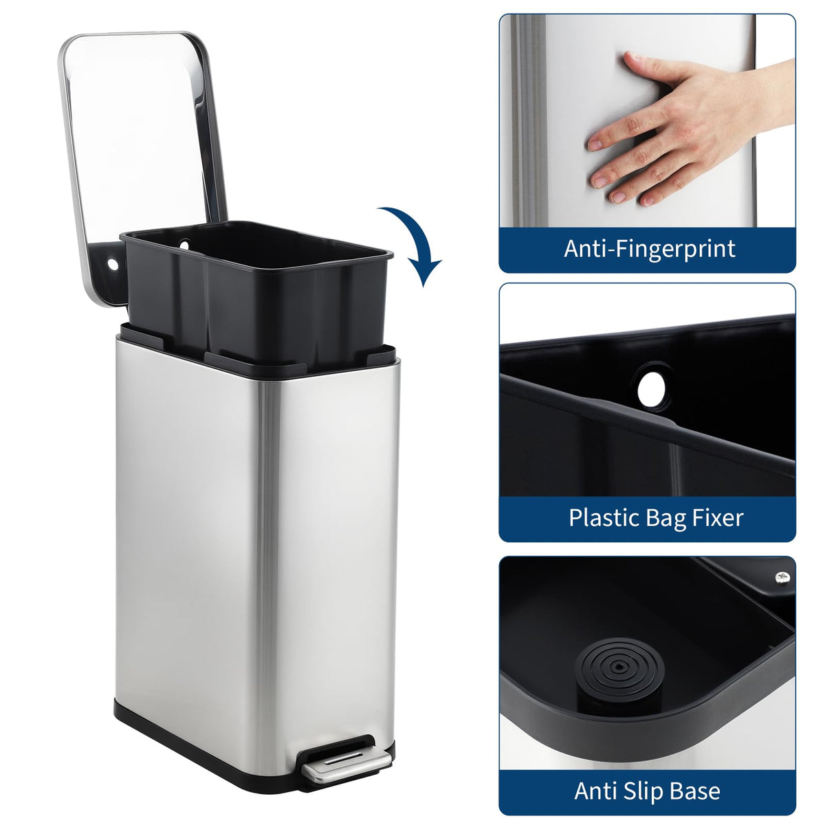 50L Slim Stainless Steel Step Trash Can with Soft-Close Lid F9525