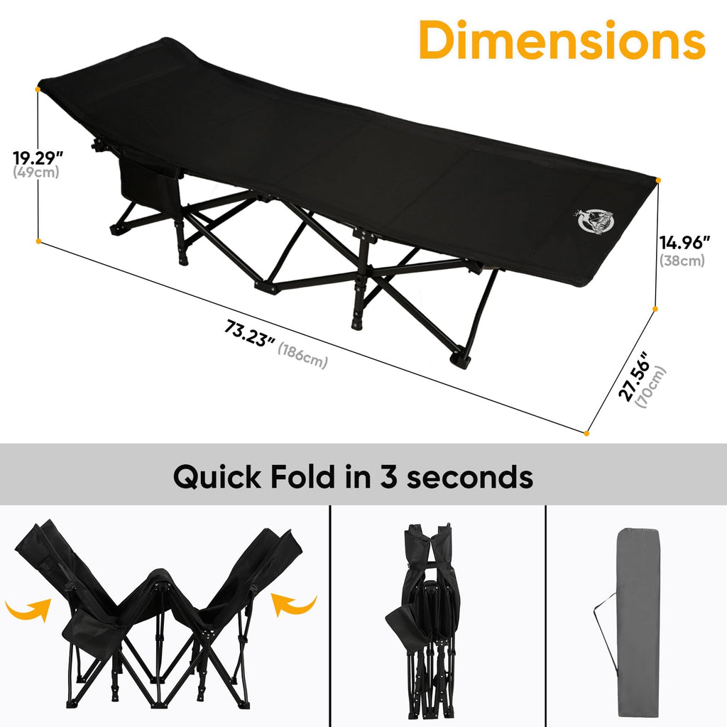 Camping Cot with Thick Mattress and Side Pocket, Black J78801
