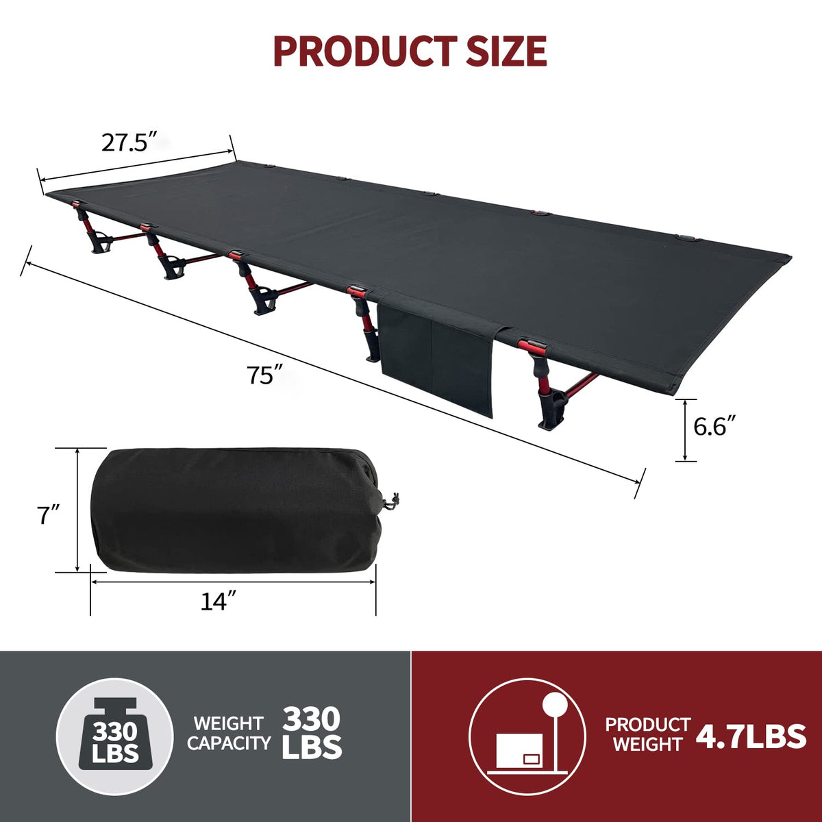Portable Camping Cot Sleeping Cot Ultralight Backpacking Cot Bed Black R335945