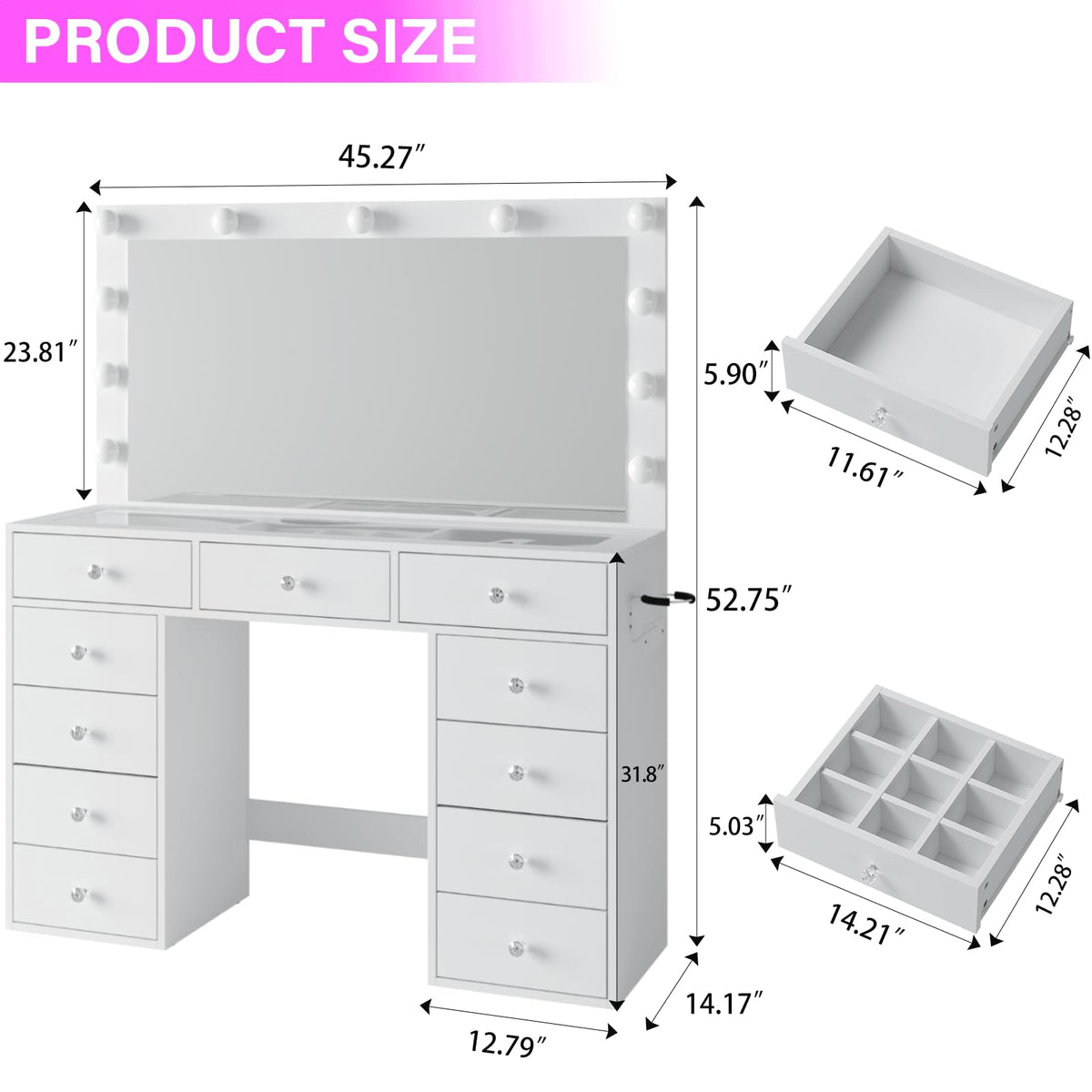 45" Large White Vanity Desk with RGB Lighting C416153