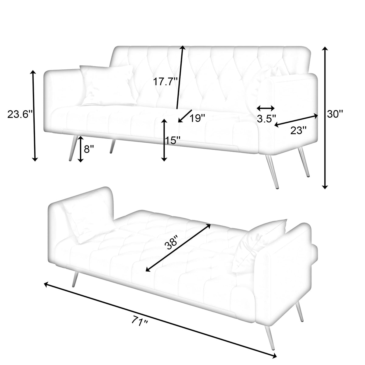 71" Velvet Futon Sofa Bed with 2 Pillows H191