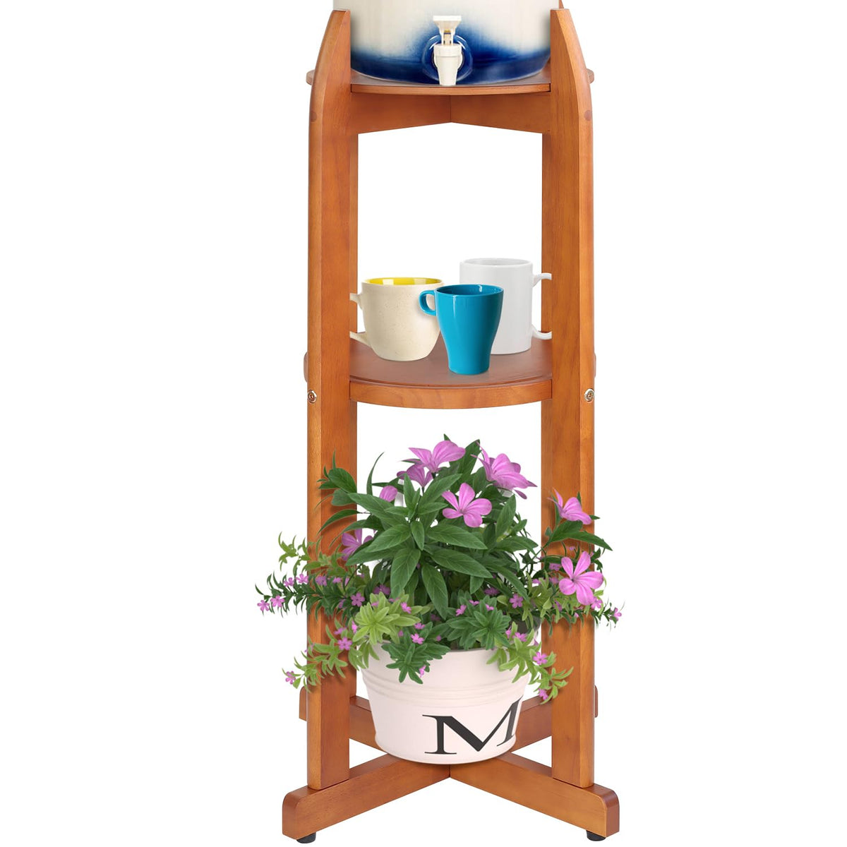 Solid Wood Water Dispenser Floor Stand with 2 Round Shelfs S343656