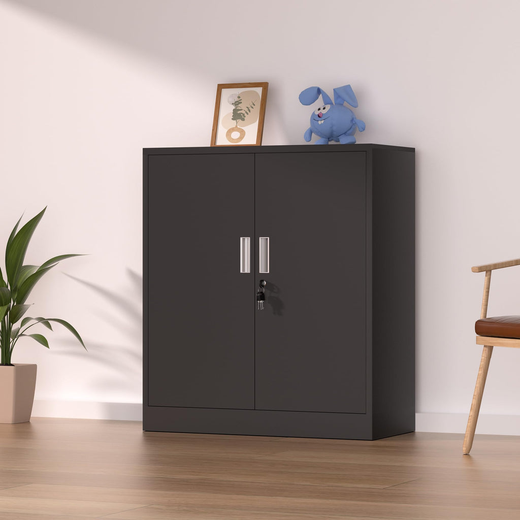 Metal Storage Cabinet with Locking Doors and 2 Adjustable Shelves, Black X496