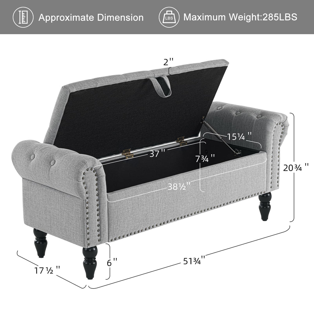 Grey Linen Upholstered Storage Bench with Wood Legs R2391