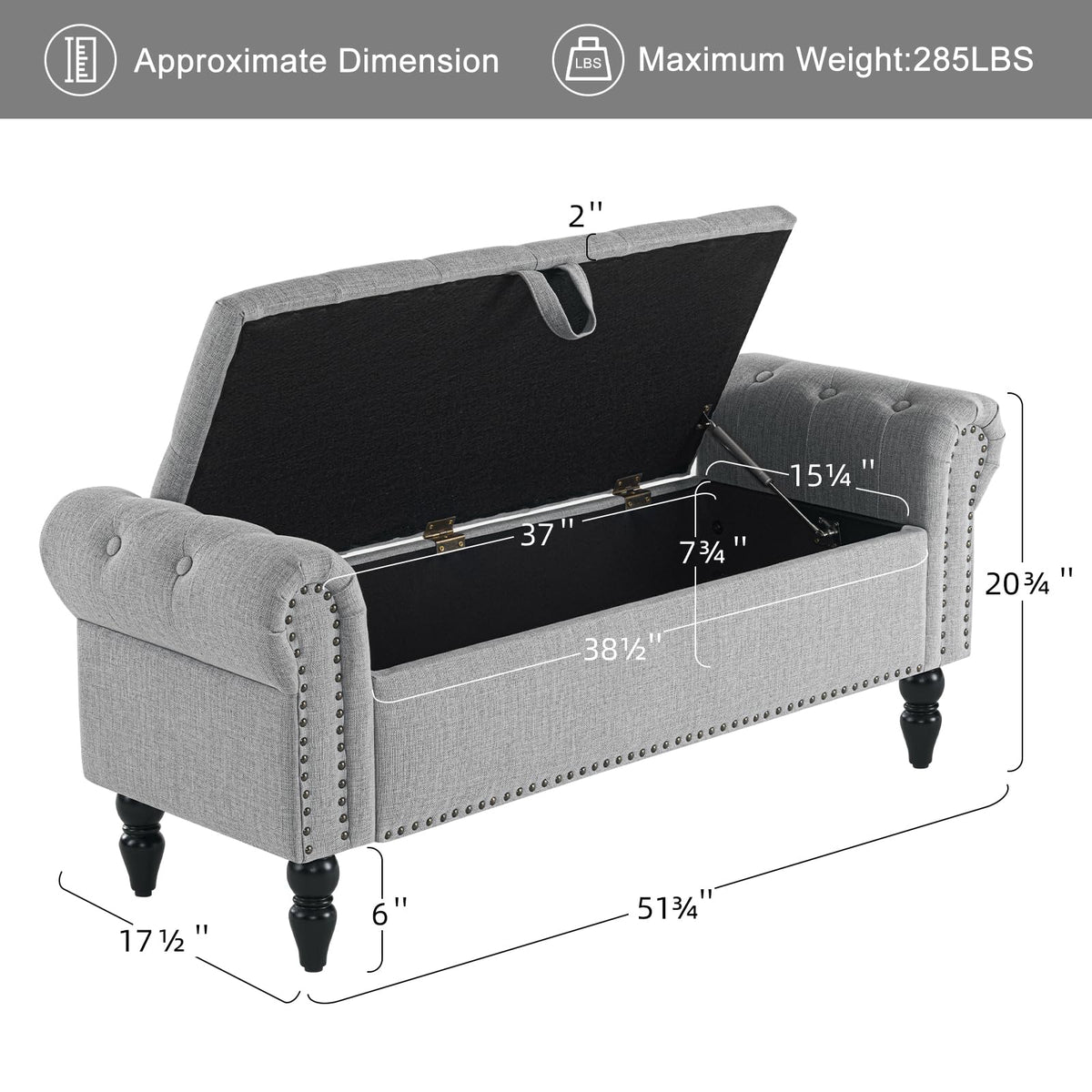 Grey Linen Upholstered Storage Bench with Wood Legs R2391