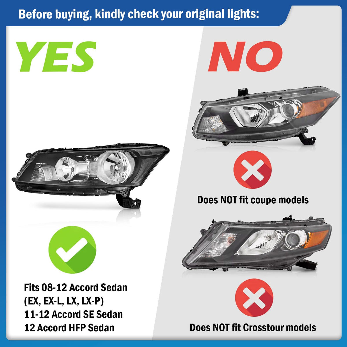 Headlights Assembly for 2008-2012 Honda Accord 4Dr Chrome Housing P91707