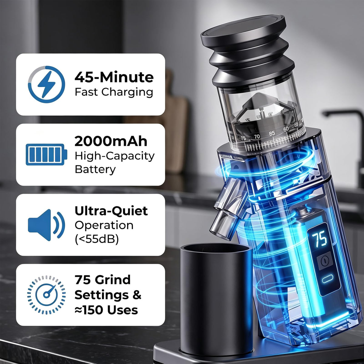 Electric Burr Coffee Grinder with 75 Settings I186