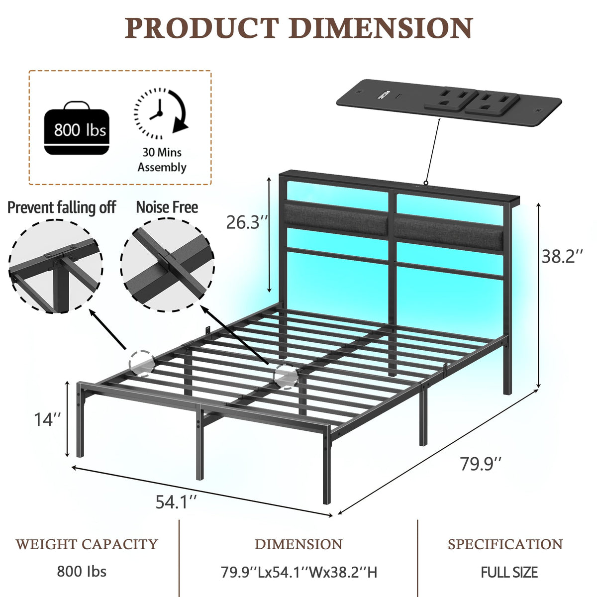 Full Size Black Platform Bed with LED Lights & Charging J3285