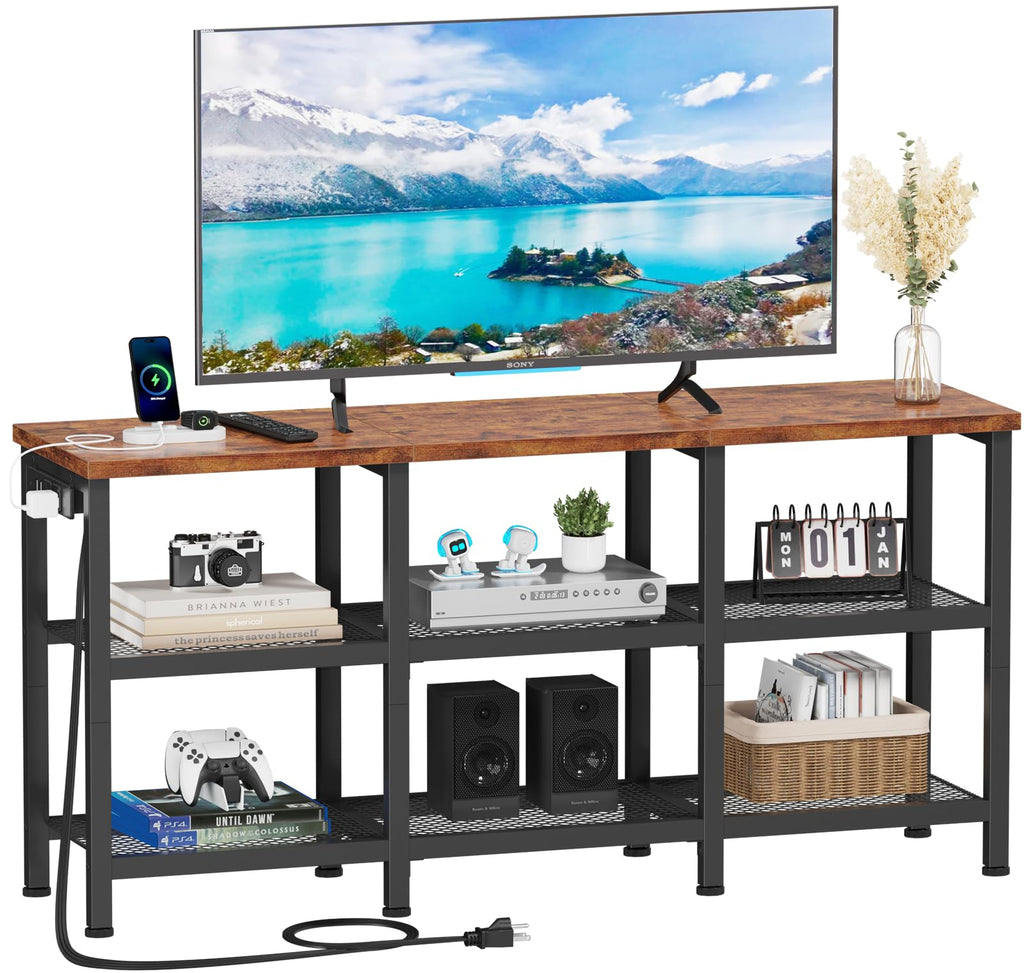 Rustic Brown TV Stand with Power Outlets and Open Storage Shelves T6546