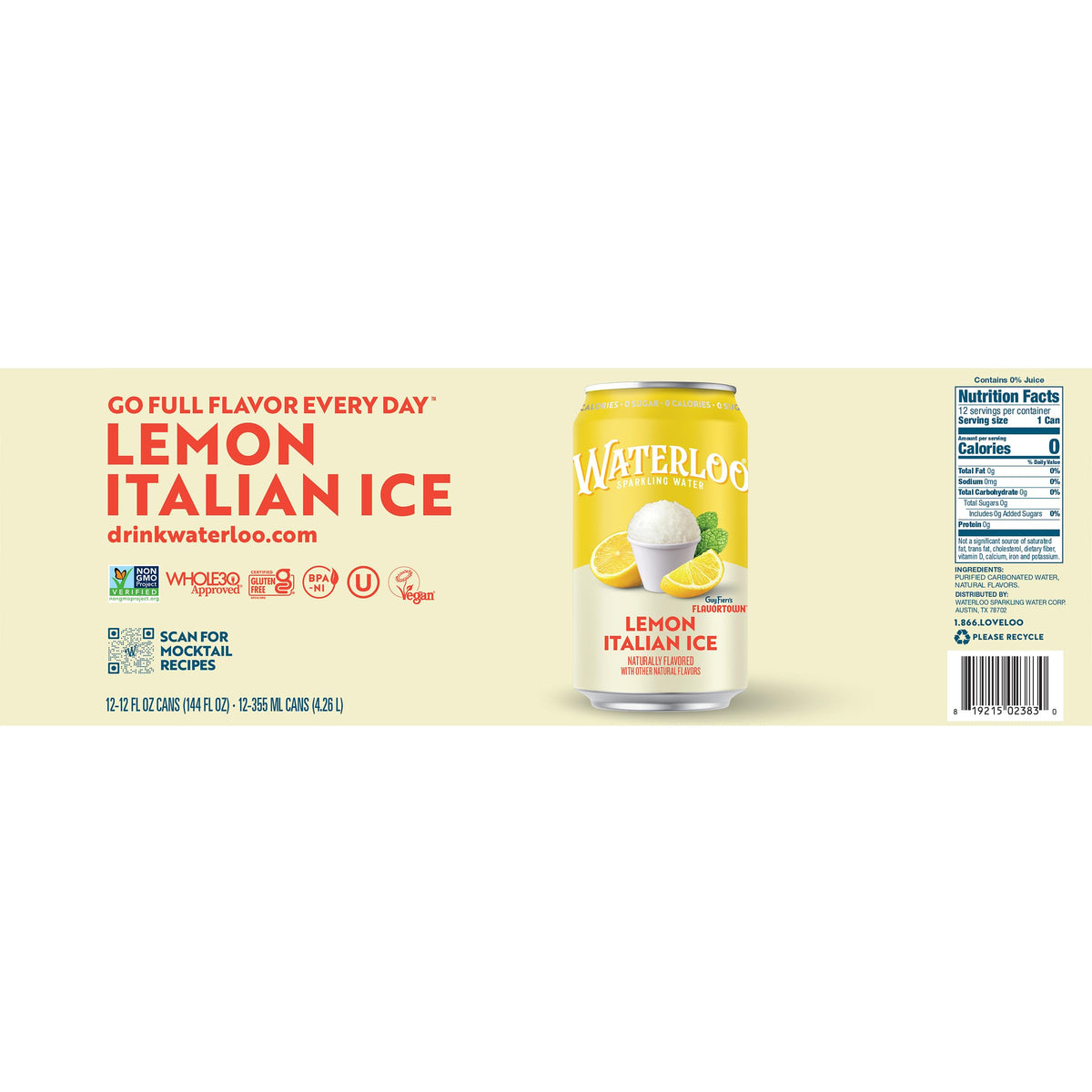Lemon Italian Ice Sparkling Water 12 Fl Oz Cans Pack of 12 J818