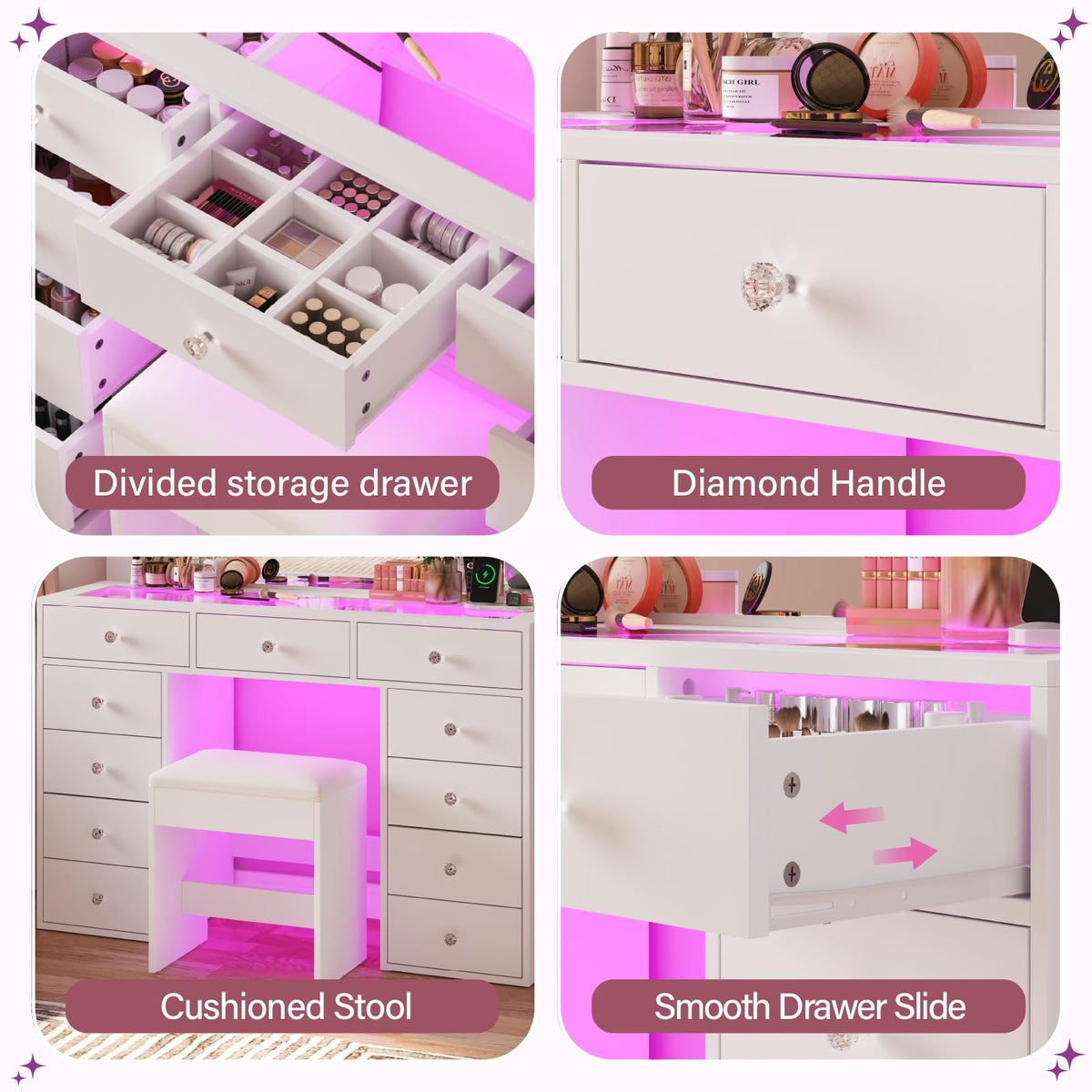 45" Large White Vanity Desk with RGB Lighting C416153