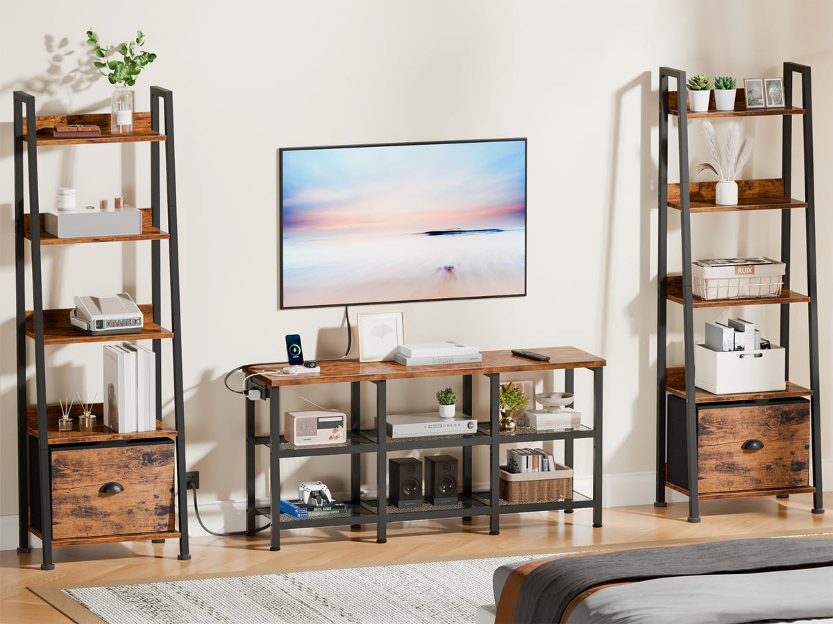 Rustic Brown TV Stand with Power Outlets and Open Storage Shelves T6546