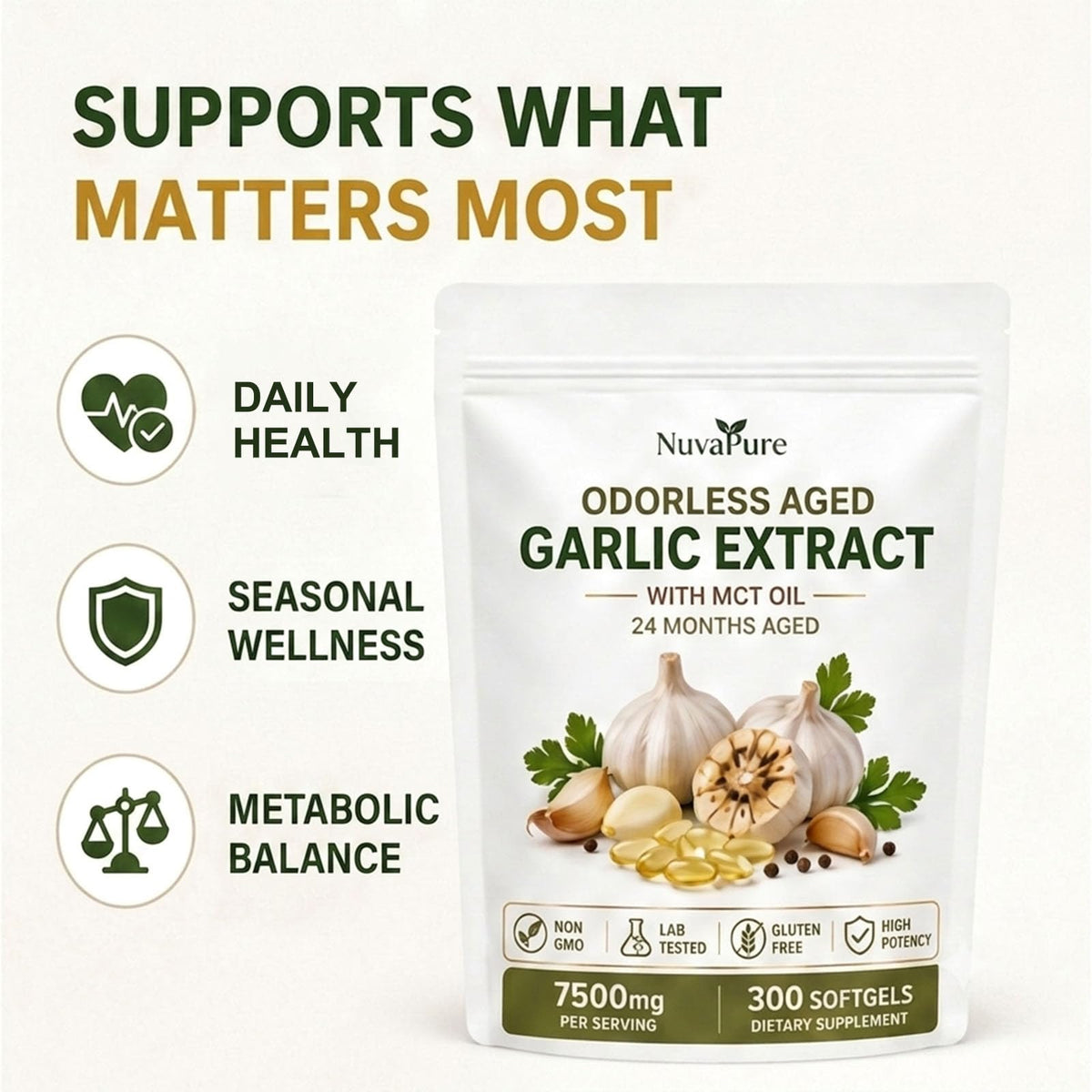 Odorless Aged Garlic Extract Supplement, 300 Softgels N73674