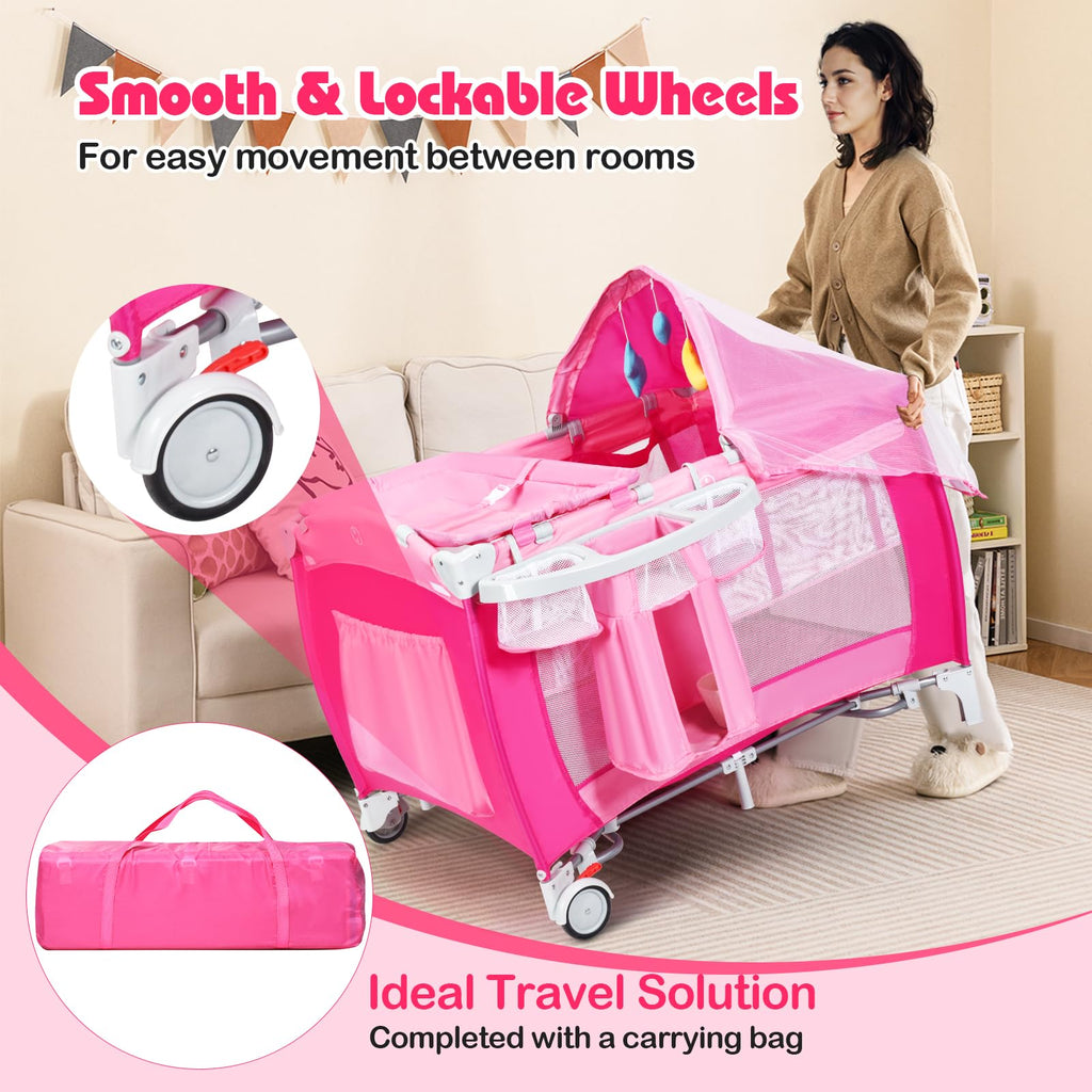 4 in 1 Pack and Play Portable Baby Bassinet Playpen with Diaper Changer Mattress Canopy Storage Rack Toy Bar Music Box Foldable Travel Playard Pink W5586