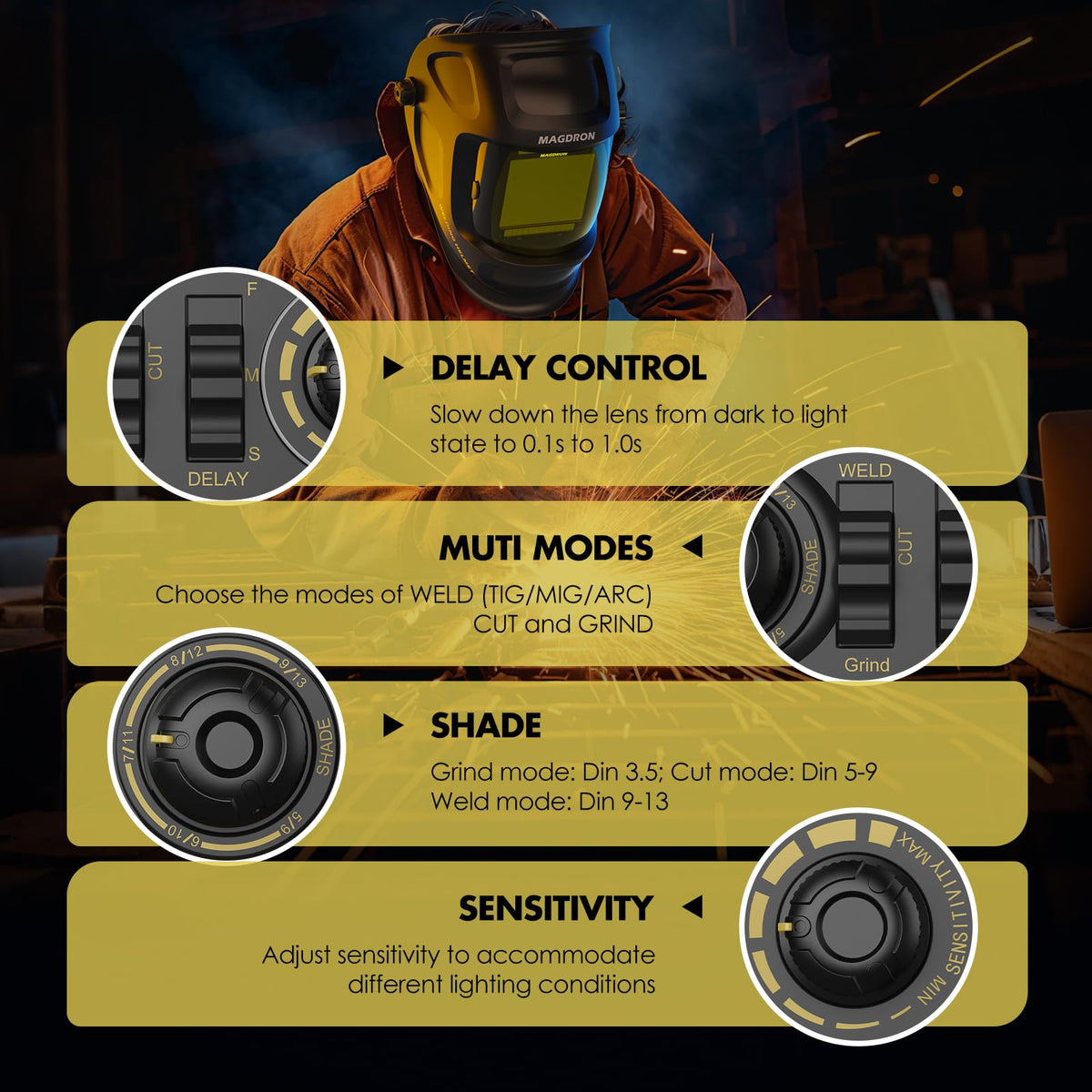 Auto Darkening Welding Helmet Large View True Color 4 Arc Sensor Solar/Battery Powered Q5166