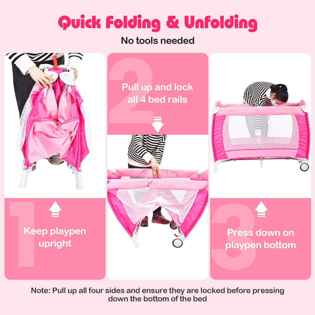 4 in 1 Pack and Play Portable Baby Bassinet Playpen with Diaper Changer Mattress Canopy Storage Rack Toy Bar Music Box Foldable Travel Playard Pink W5586