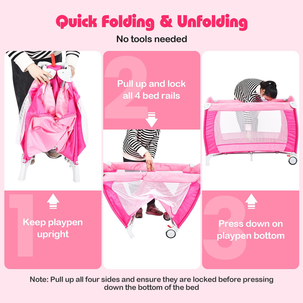 4 in 1 Pack and Play Portable Baby Bassinet Playpen with Diaper Changer Mattress Canopy Storage Rack Toy Bar Music Box Foldable Travel Playard Pink W5586