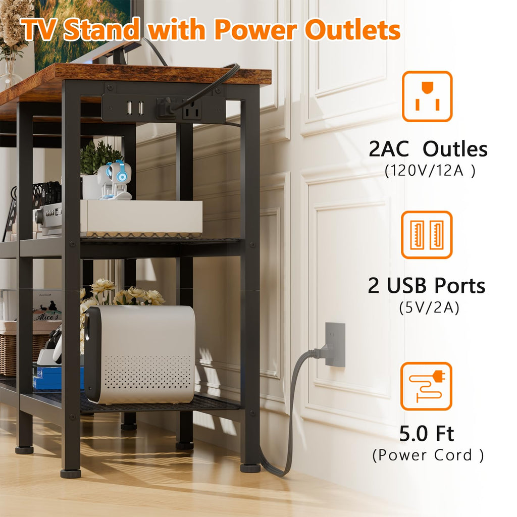 Rustic Brown TV Stand with Power Outlets and Open Storage Shelves T6546