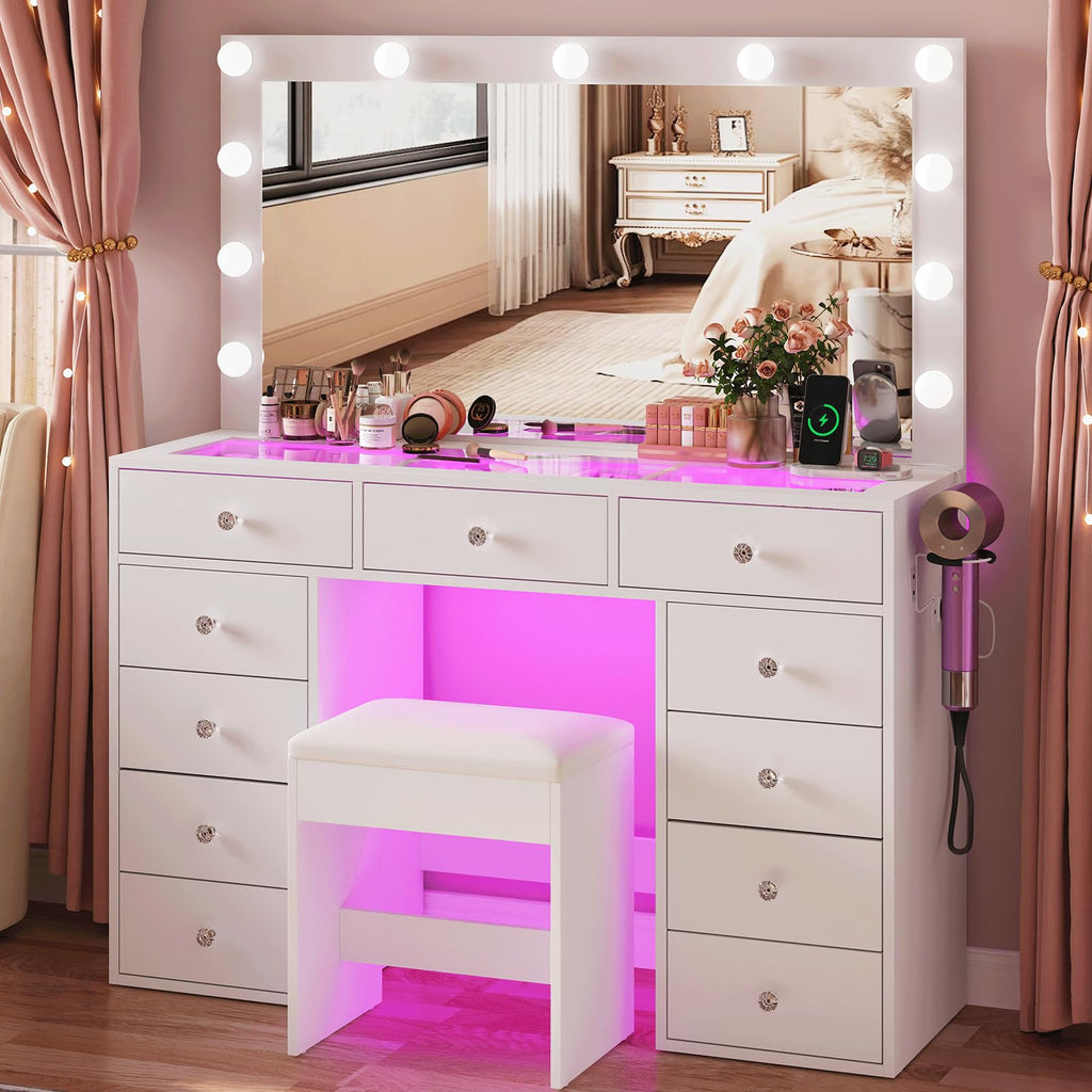 45" Large White Vanity Desk with RGB Lighting C416153