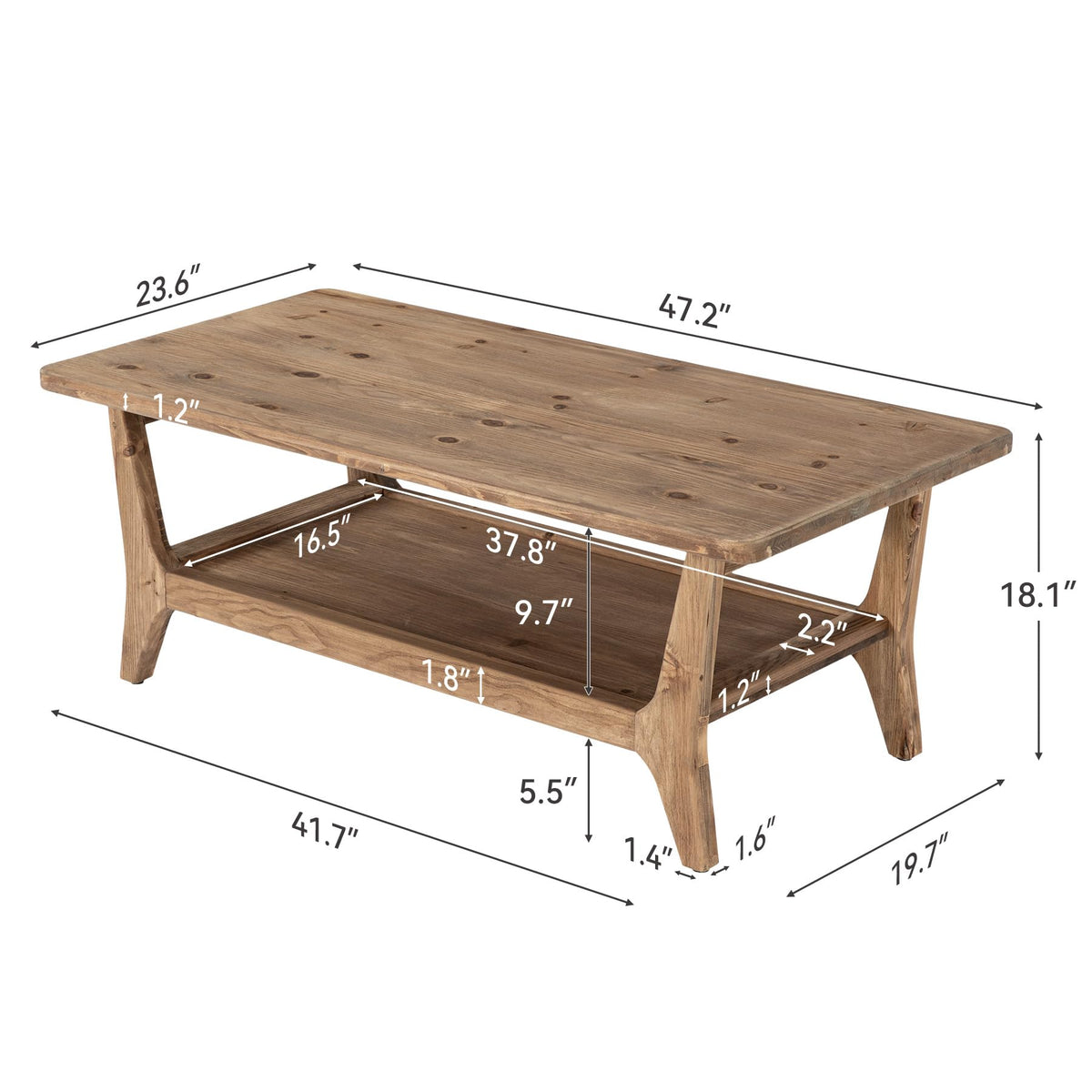 Solid Wood Coffee Table with Storage, 2-Tier Shelf H632711