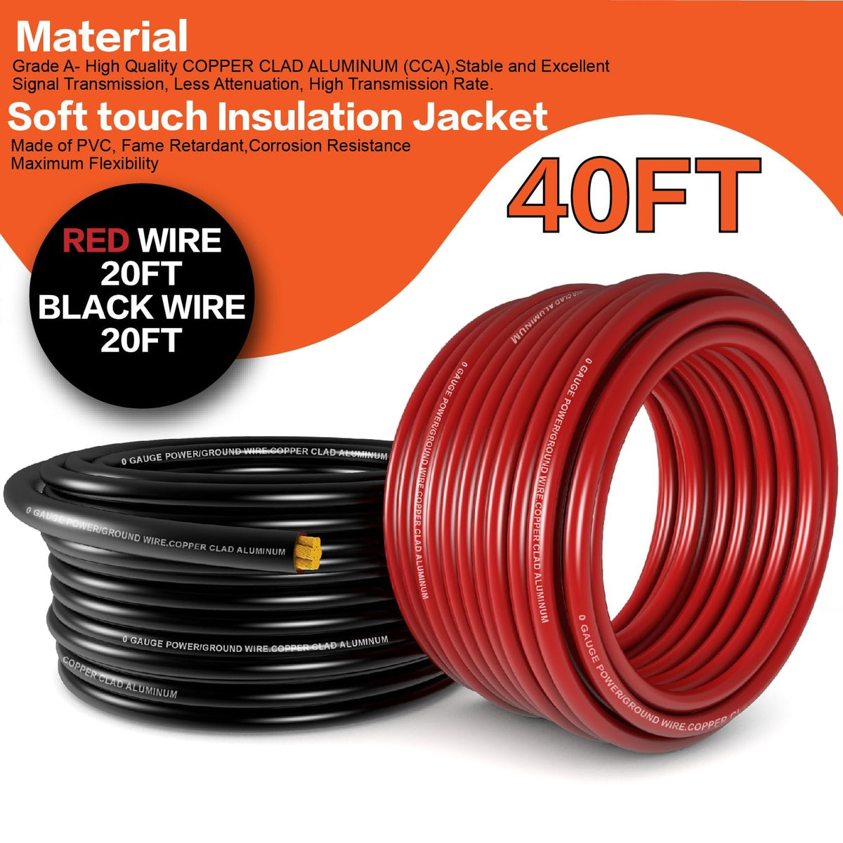 1/0 Gauge Battery Cable Kit 40ft Red/Black CCA Wire P348
