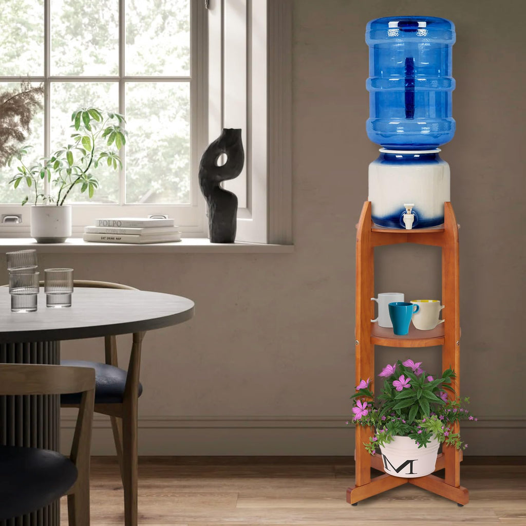 Solid Wood Water Dispenser Floor Stand with 2 Round Shelfs S343656