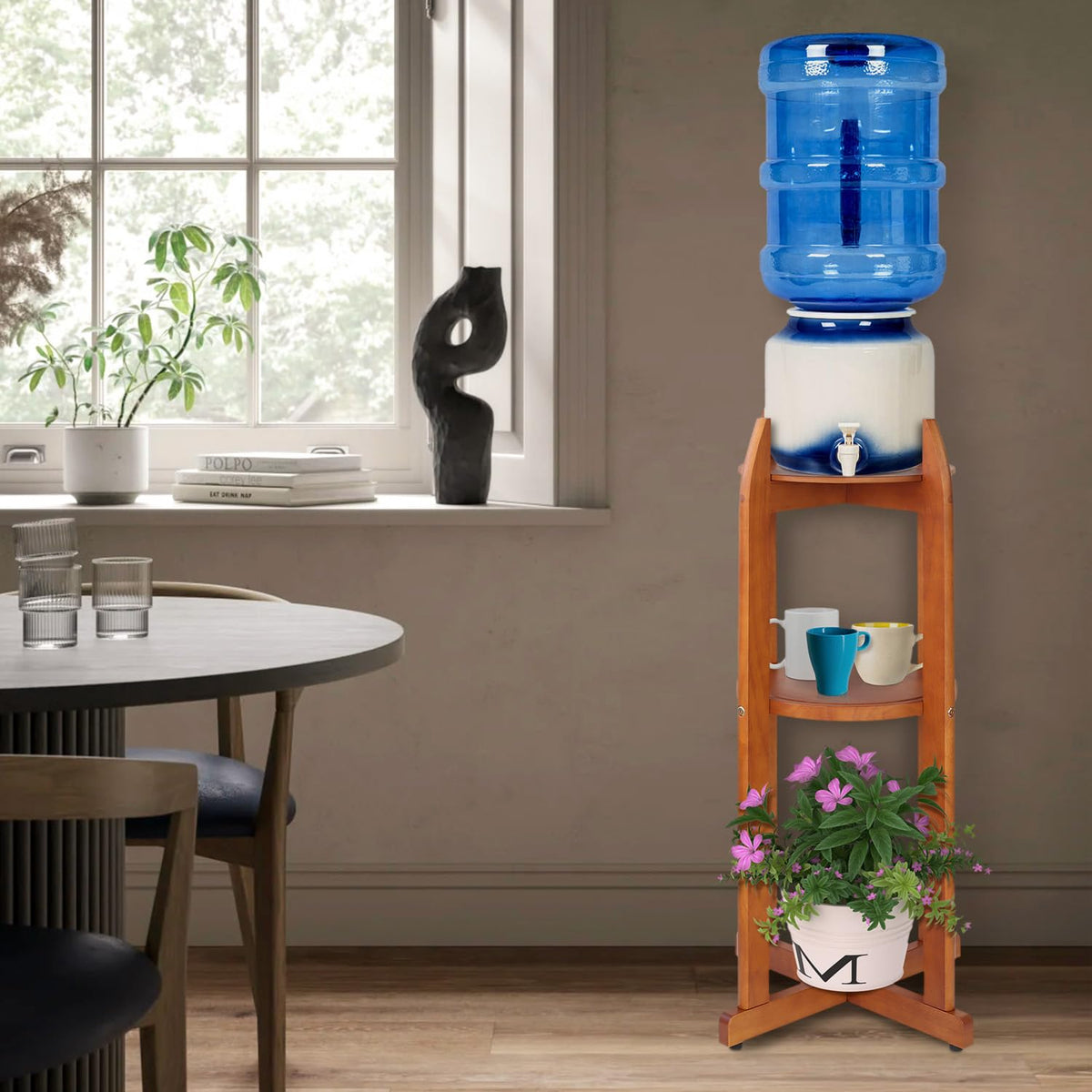 Solid Wood Water Dispenser Floor Stand with 2 Round Shelfs S343656