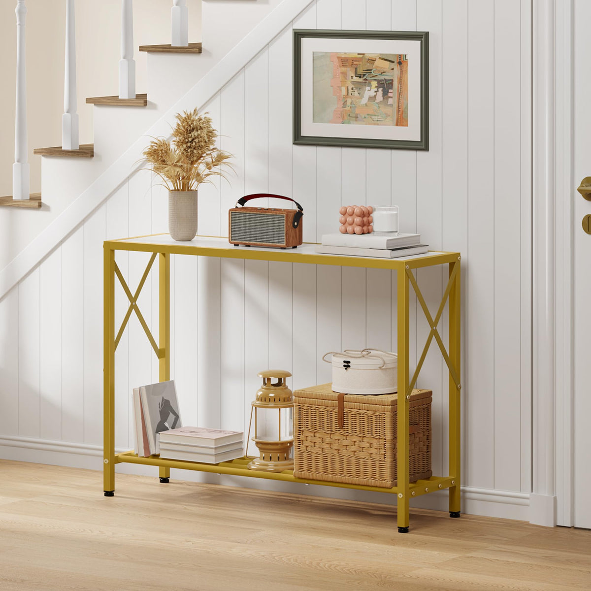 41.8" 2 Tier Gold Console Table with Shelves Z946