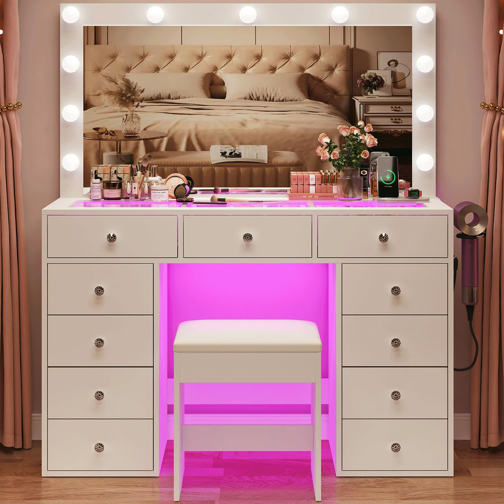 45" Large White Vanity Desk with RGB Lighting C416153