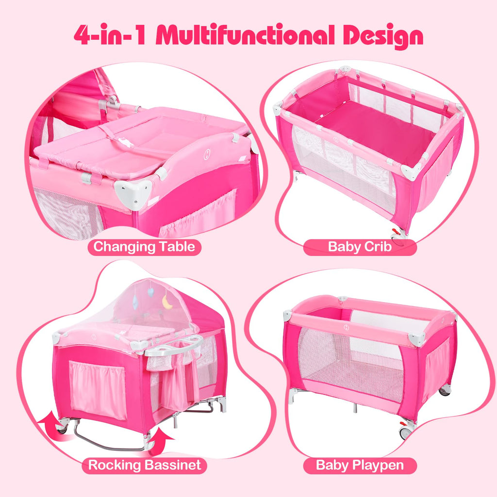 4 in 1 Pack and Play Portable Baby Bassinet Playpen with Diaper Changer Mattress Canopy Storage Rack Toy Bar Music Box Foldable Travel Playard Pink W5586