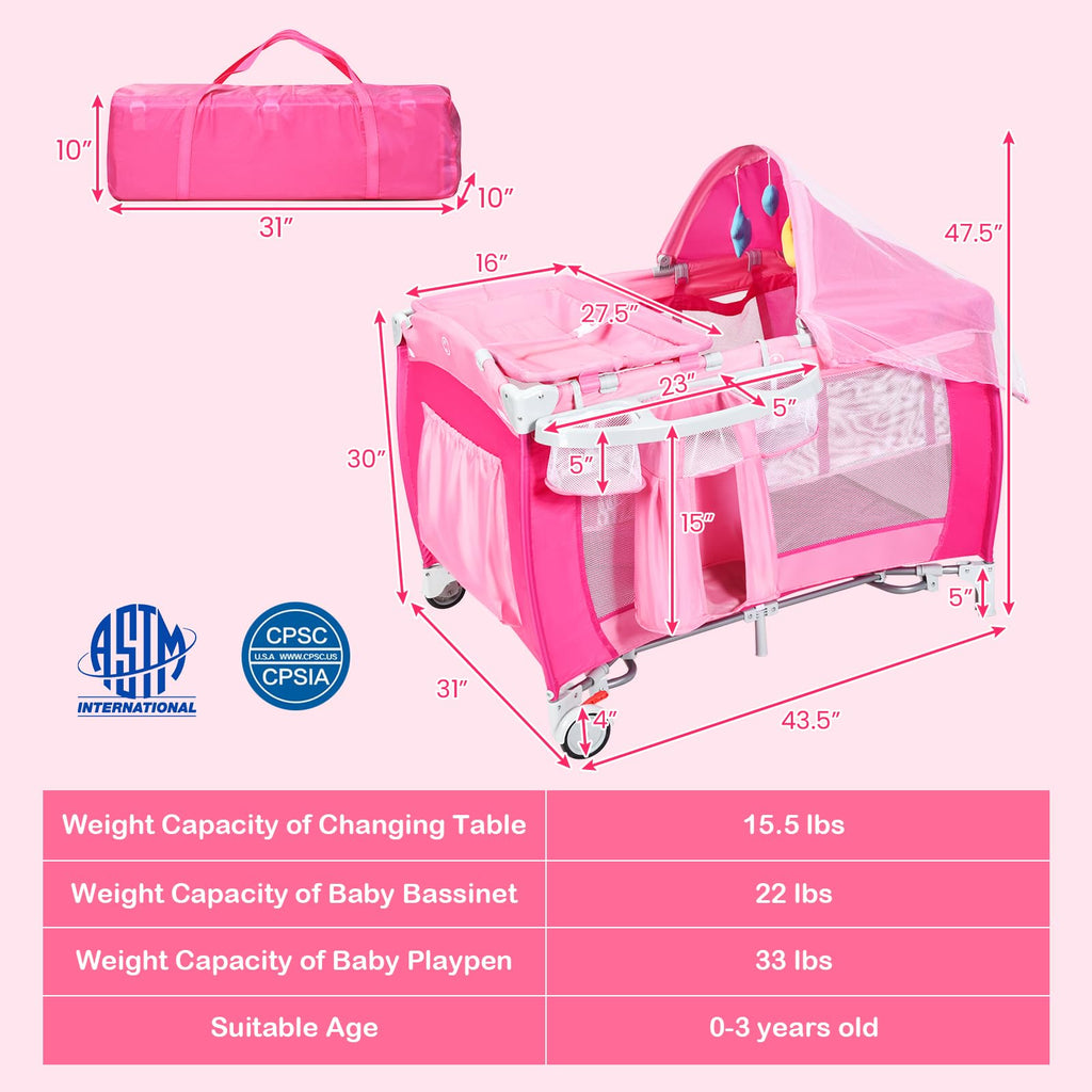 4 in 1 Pack and Play Portable Baby Bassinet Playpen with Diaper Changer Mattress Canopy Storage Rack Toy Bar Music Box Foldable Travel Playard Pink W5586