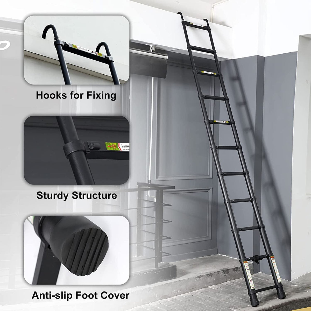 Black 20.3FT Aluminum Telescoping Ladder 330lbs Capacity S346