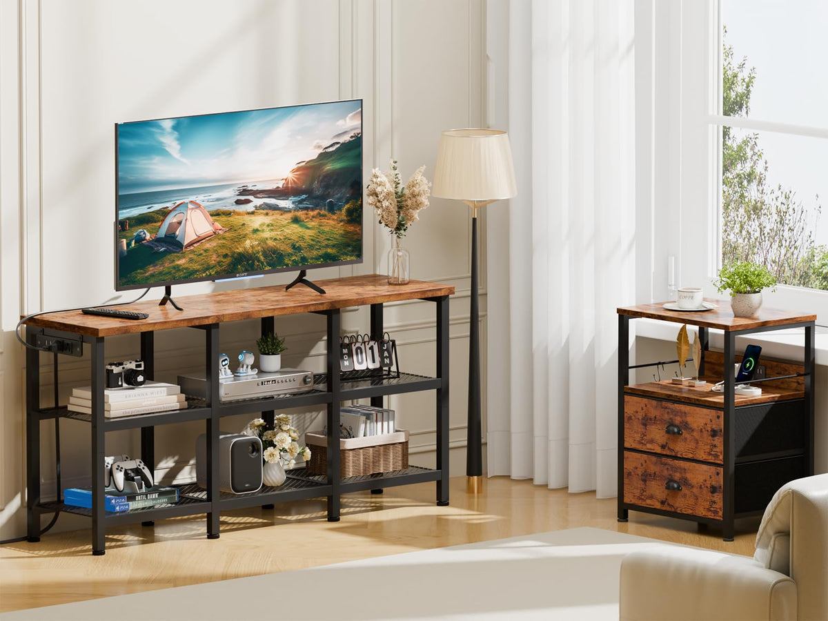 Rustic Brown TV Stand with Power Outlets and Open Storage Shelves T6546