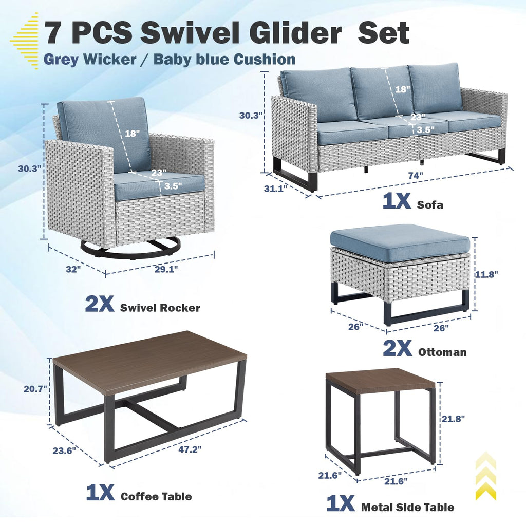 7 Piece Wicker Patio Sofa Set with Swivel Rocker Chairs and Ottomans S15565