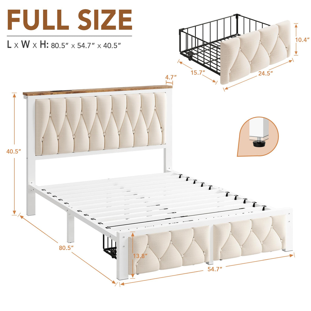 Beige Full Upholstered Platform Bed Frame with 2 Storage Drawers U97785