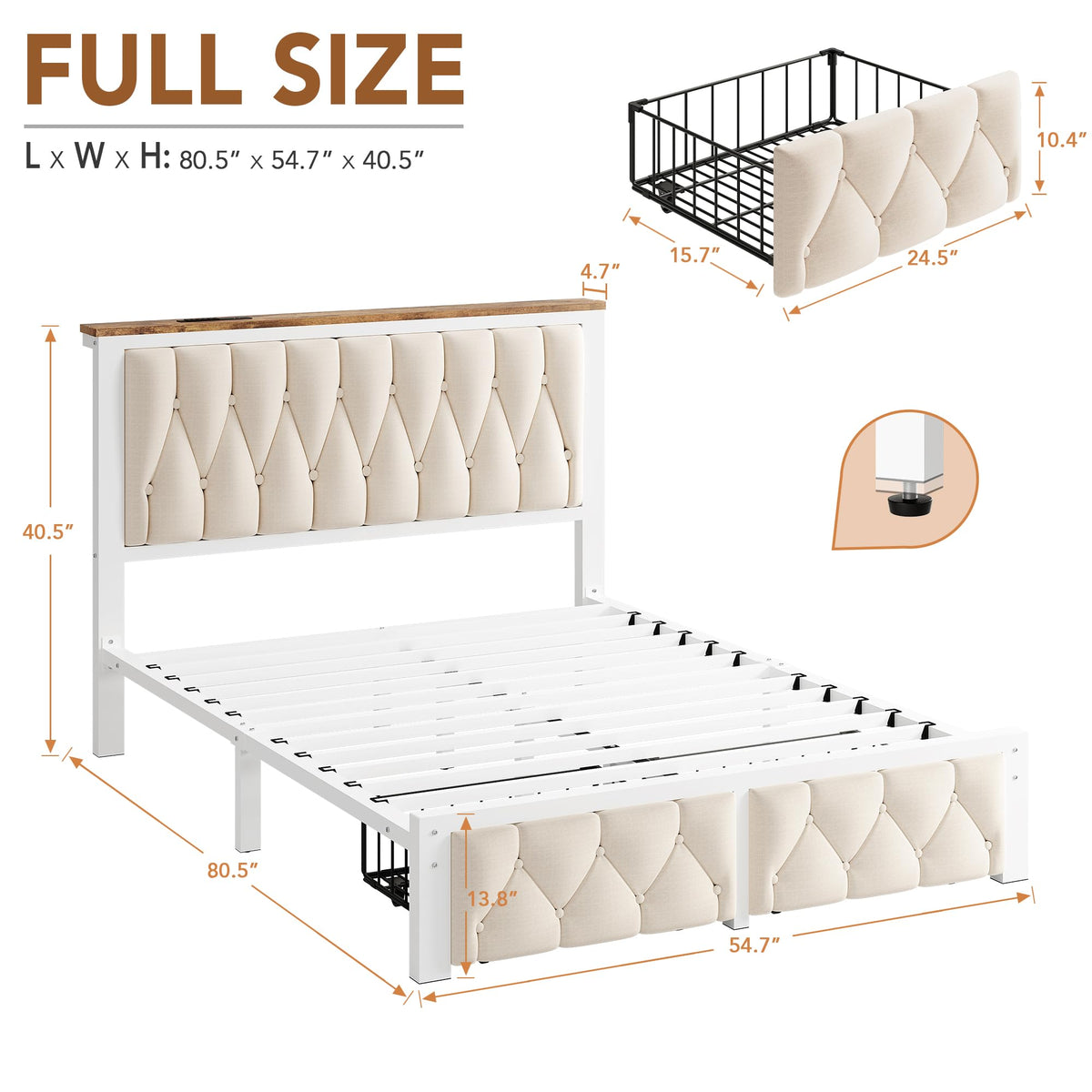 Beige Full Upholstered Platform Bed Frame with 2 Storage Drawers U97785