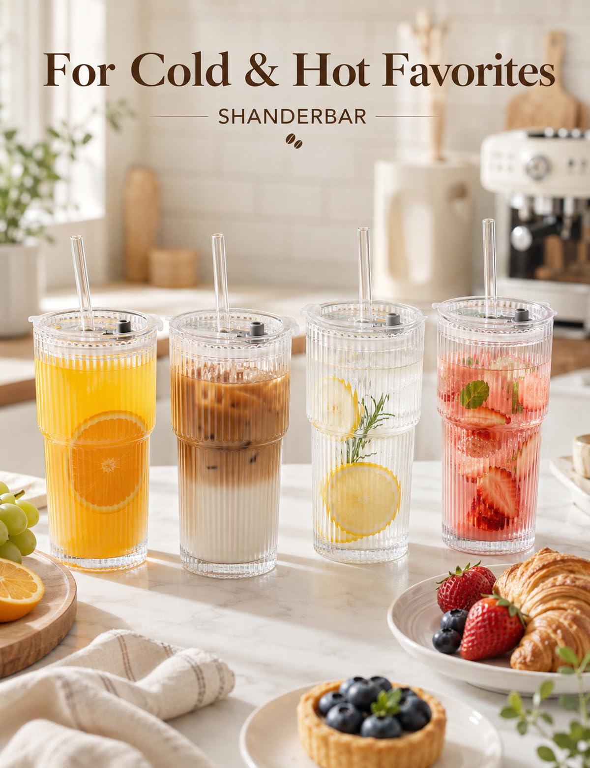 20 oz Ribbed Glass Tumblers with Lids and Straws, Set of 4 X1509