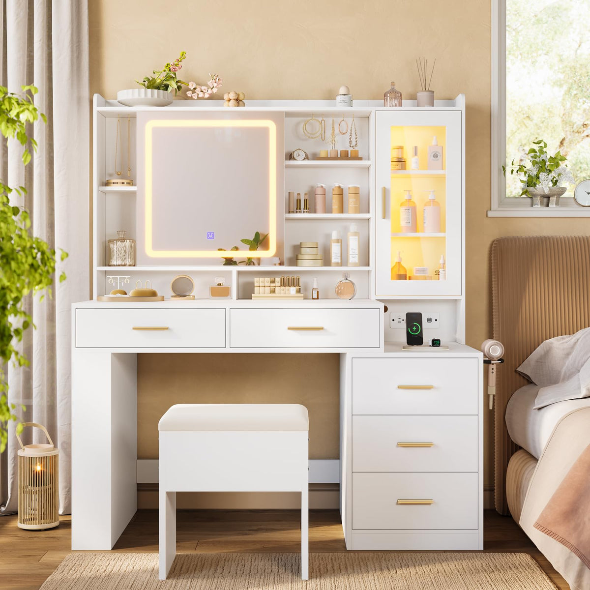 White Makeup Vanity Desk with Sliding LED Lighted Mirror Z6253