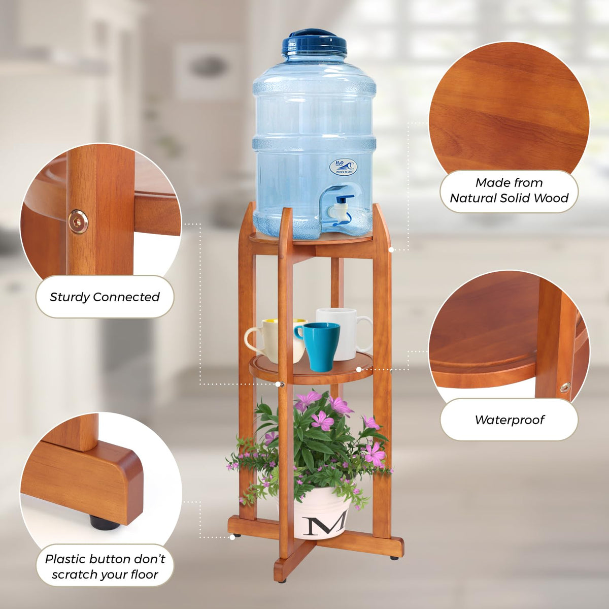 Solid Wood Water Dispenser Floor Stand with 2 Round Shelfs S343656