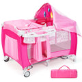 4 in 1 Pack and Play Portable Baby Bassinet Playpen with Diaper Changer Mattress Canopy Storage Rack Toy Bar Music Box Foldable Travel Playard Pink W5586