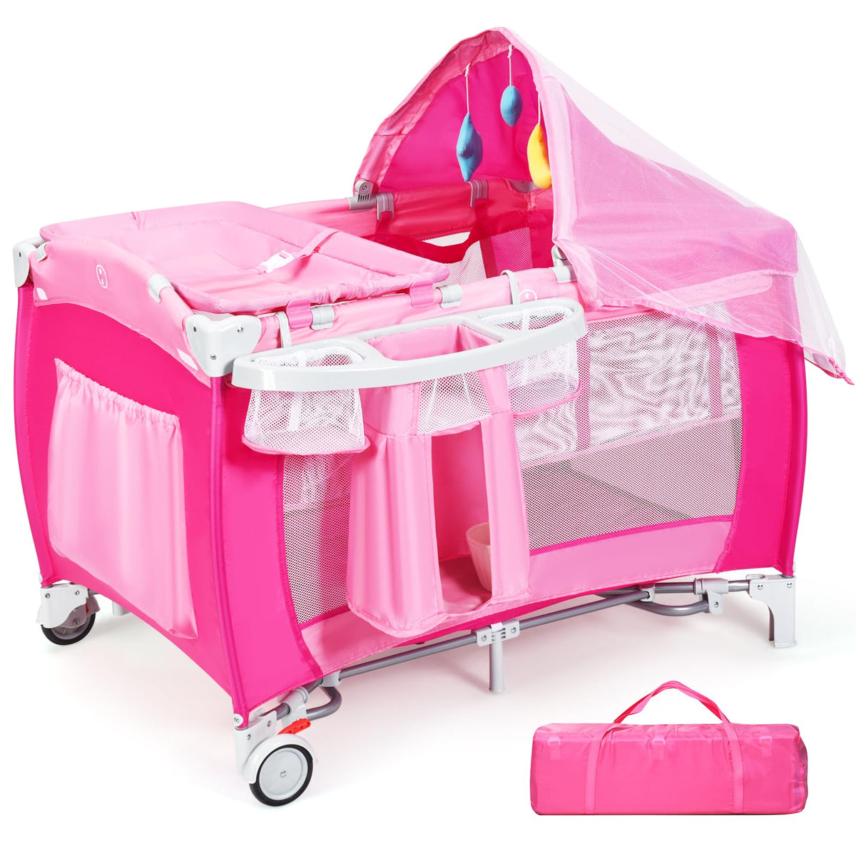 4 in 1 Pack and Play Portable Baby Bassinet Playpen with Diaper Changer Mattress Canopy Storage Rack Toy Bar Music Box Foldable Travel Playard Pink W5586