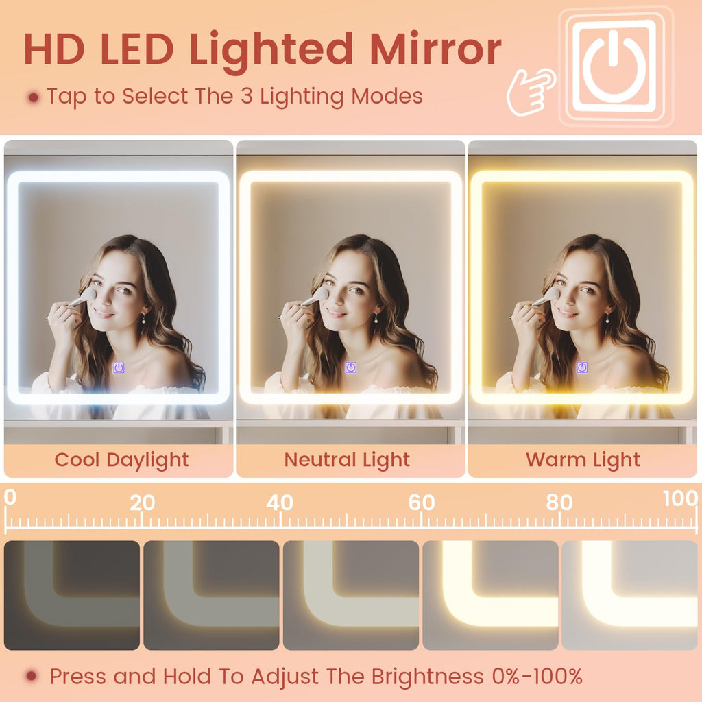 White Makeup Vanity Desk with Sliding LED Lighted Mirror Z6253