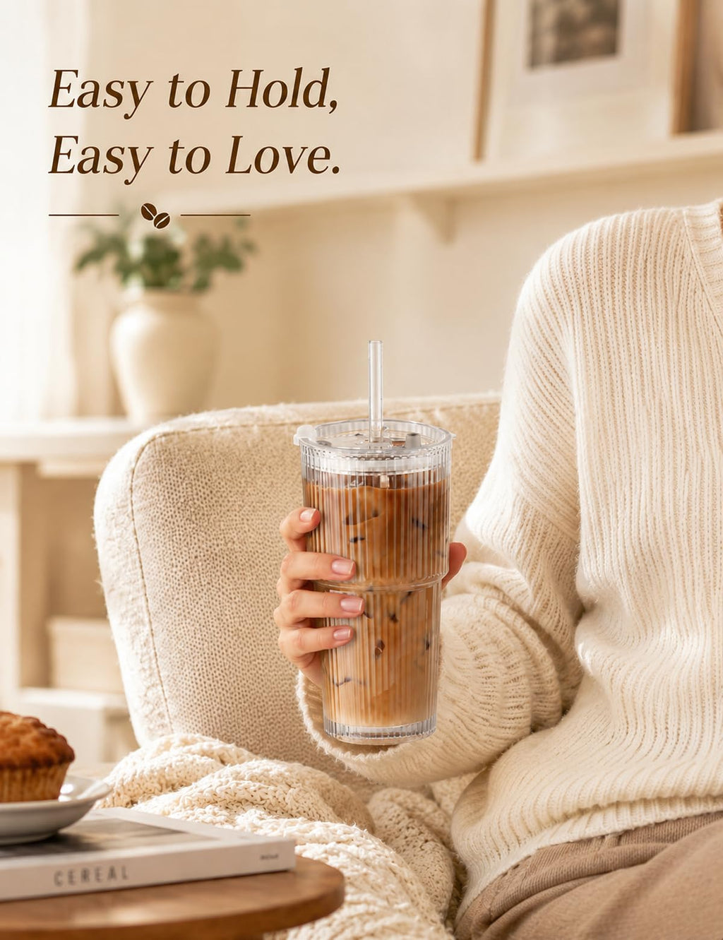 20 oz Ribbed Glass Tumblers with Lids and Straws, Set of 4 X1509