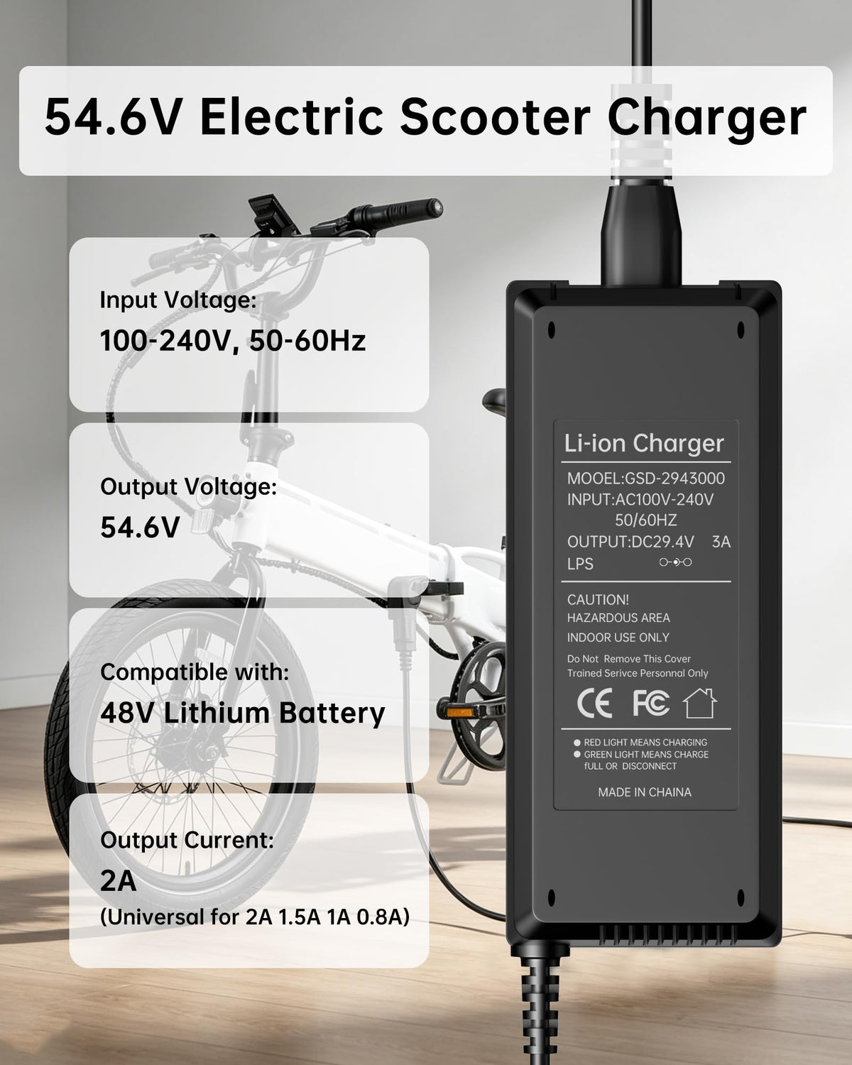 54.6V 2A Electric Scooter Charger 5 Connectors 8.2ft U3978