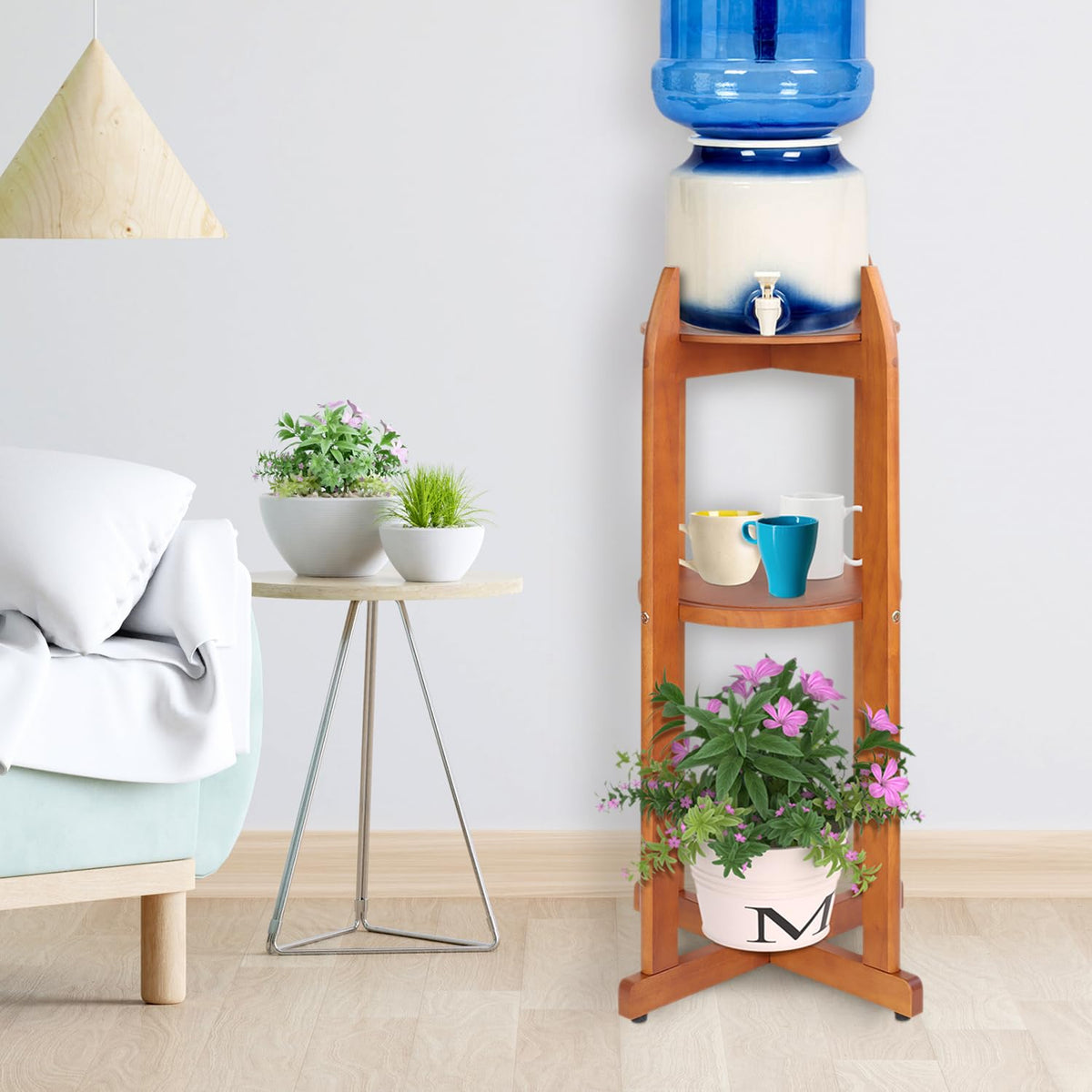 Solid Wood Water Dispenser Floor Stand with 2 Round Shelfs S343656