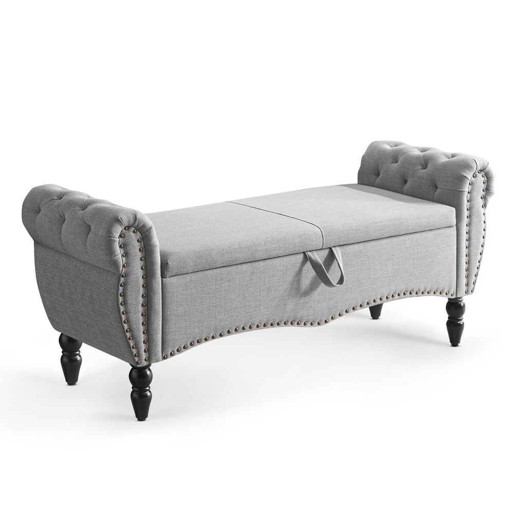 Grey Linen Upholstered Storage Bench with Wood Legs R2391